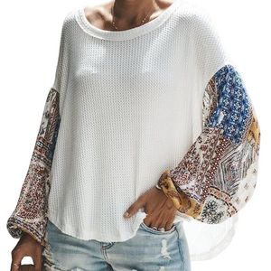 By Together White Waffle Knit Top with Colorful Bohemian Patchwork Sleeves Sz S